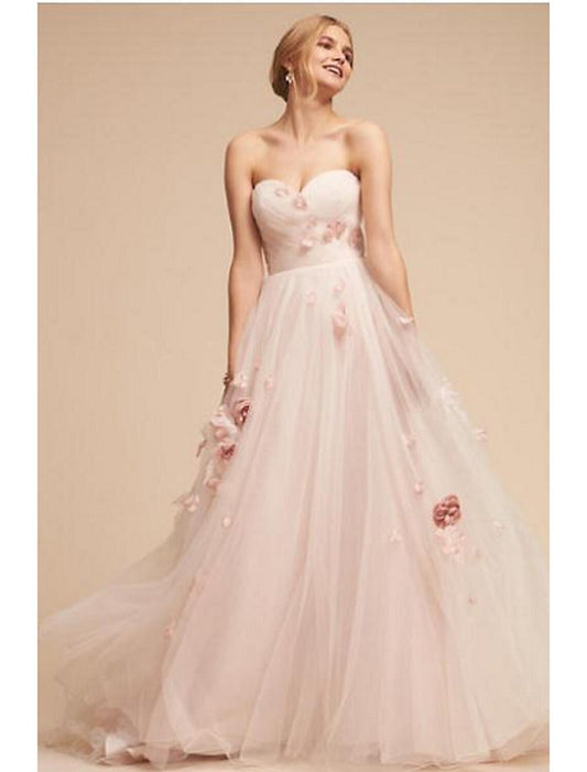 Beach Wedding Dresses Princess Sweetheart Sleeveless Sweep Train Tulle Bridal Gowns With Appliques Flower