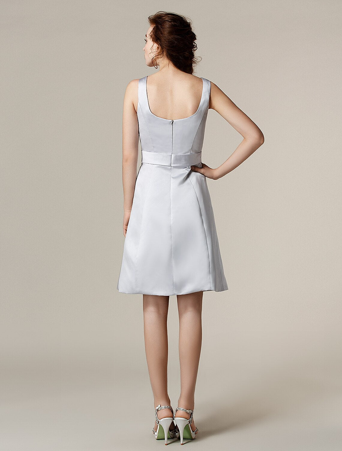 A-Line Bridesmaid Dress Square Neck Sleeveless Knee Length Satin with Sash / Ribbon