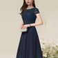 A-Line Cocktail Dresses Flirty Dress Homecoming Wedding Guest Tea Length Short Sleeve Jewel Neck Chiffon