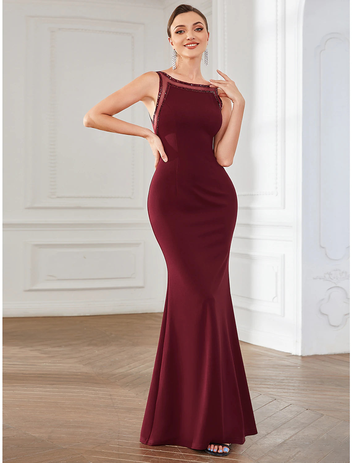 Mermaid / Trumpet Party Dresses Elegant Dress Party Wear Floor Length Sleeveless Jewel Neck Polyester