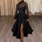 A-Line Cocktail Dresses Sparkle & Shine Dress Wedding Guest Party Wear Tea Length Long Sleeve High Neck Wednesday Addams Family Tulle