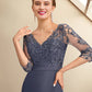 A-Line Mother of the Bride Dress Plus Size Elegant High Low V Neck Asymmetrical Ankle Length Chiffon Lace 3/4 Length Sleeve with Sequin Appliques Cascading