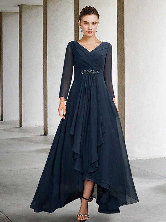 A-Line Mother of the Bride Dress Plus Size Elegant High Low V Neck Asymmetrical Floor Length Chiffon Long Sleeve with Pleats