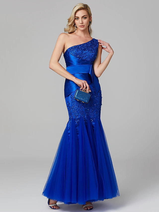 Fit & Flare Elegant Dress Holiday Floor Length Sleeveless One Shoulder Lace Over Tulle