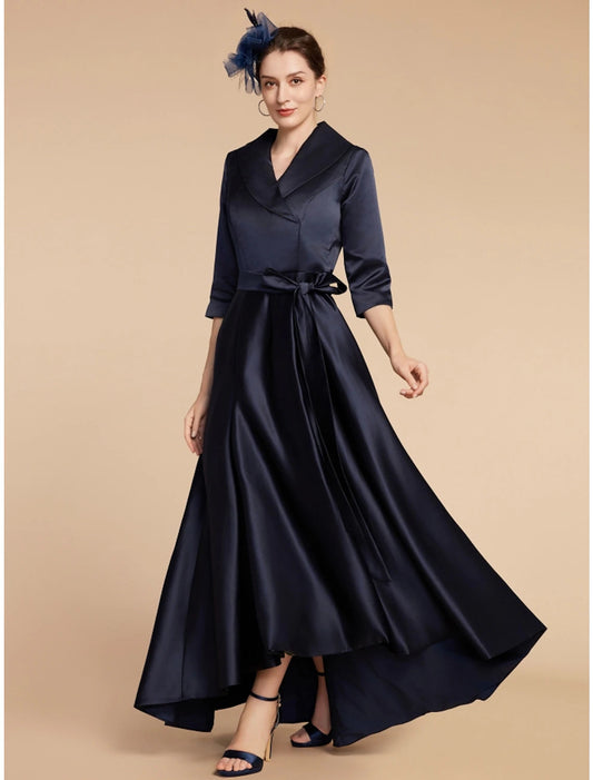 A-Line Mother of the Bride Dress Wedding Guest Elegant V Neck Ankle Length Satin Half Sleeve with Sash / Ribbon Ruching