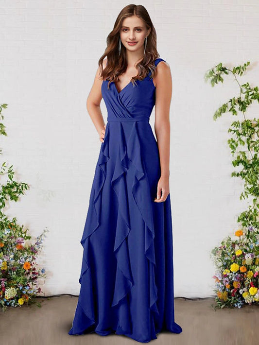 A-Line Bridesmaid Dress V Neck Sleeveless Elegant Floor Length Chiffon with Ruffles Pure Color