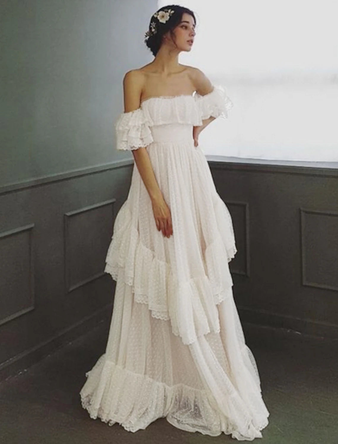 Beach Wedding Dresses A-Line Off Shoulder Cap Sleeve Sweep / Brush Train Tulle Bridal Gowns