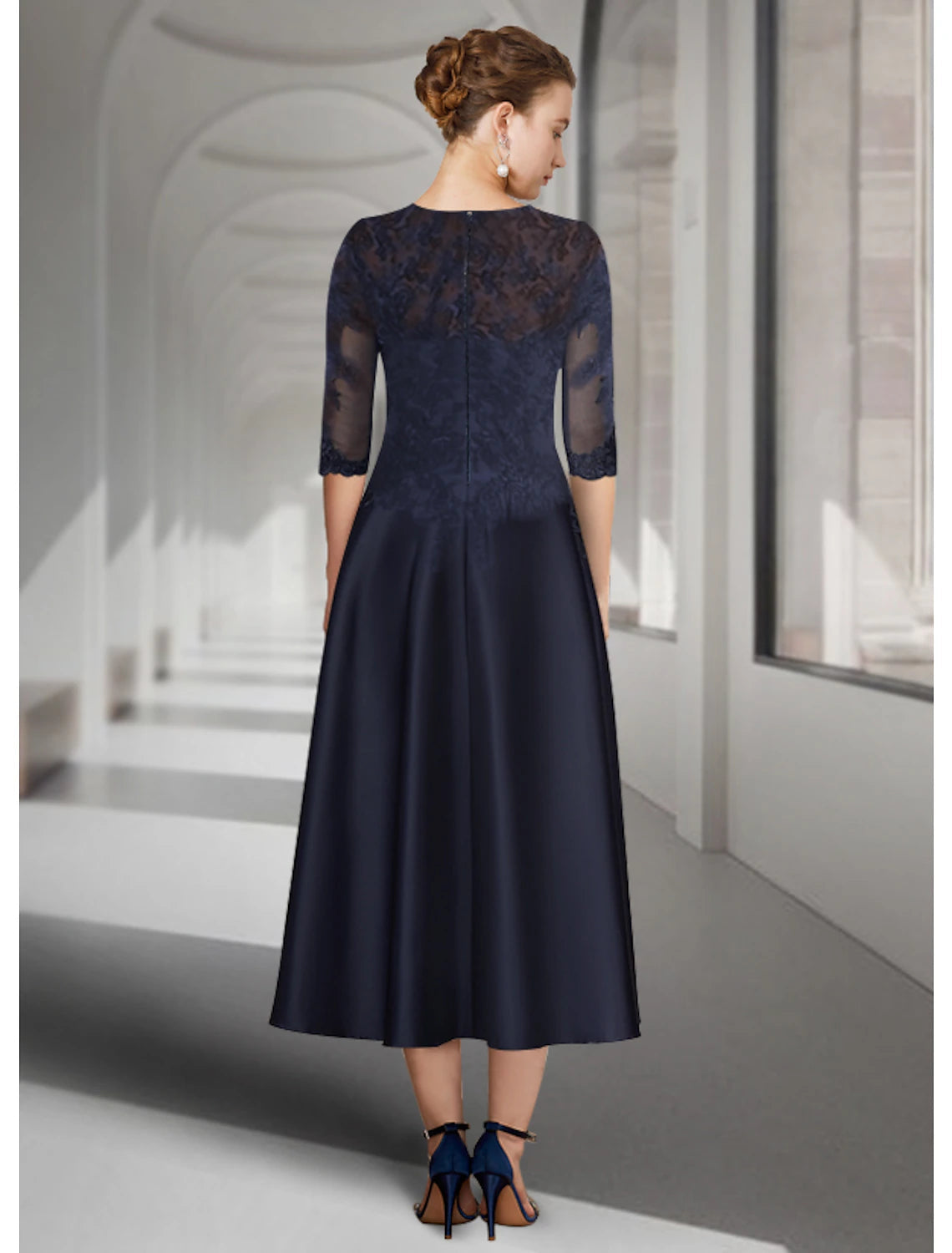 A-Line Mother of the Bride Dress Wedding Guest Elegant Jewel Neck Tea Length Satin Lace 3/4 Length Sleeve with Pleats