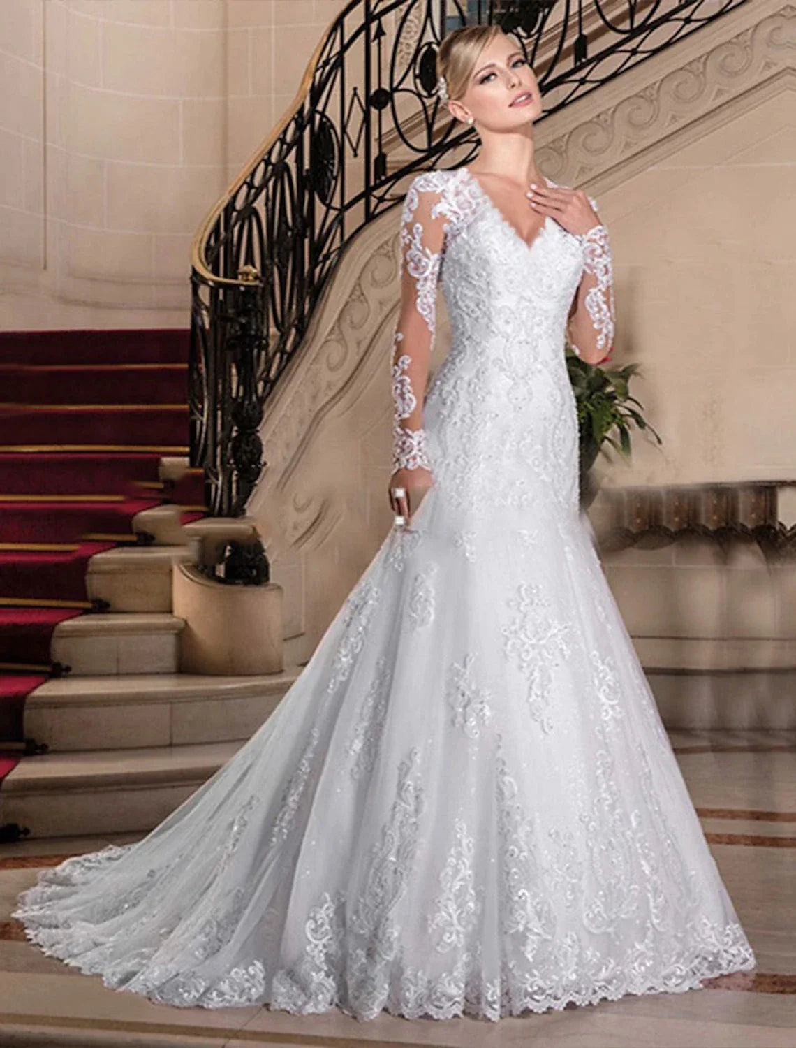 Engagement Formal Fall Wedding Dresses Mermaid / Trumpet Sweetheart Long Sleeve Court Train Lace Bridal Gowns With Beading Summer Wedding Party, Women¡®s Clothing