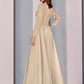 A-Line Mother of the Bride Dress Wedding Guest Party Elegant Scoop Neck Floor Length Chiffon Half Sleeve with Lace