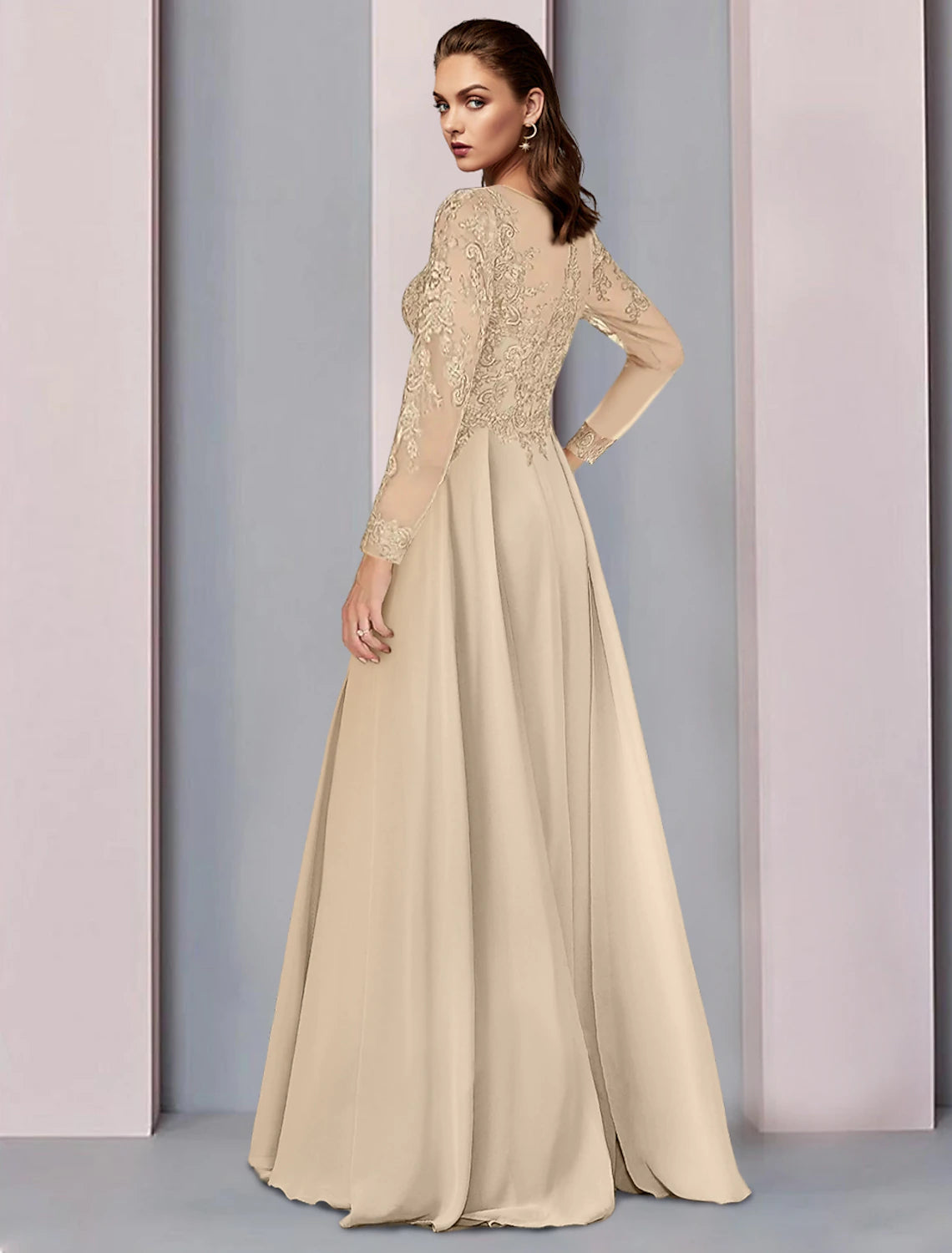 A-Line Mother of the Bride Dress Wedding Guest Party Elegant Scoop Neck Floor Length Chiffon Half Sleeve with Lace