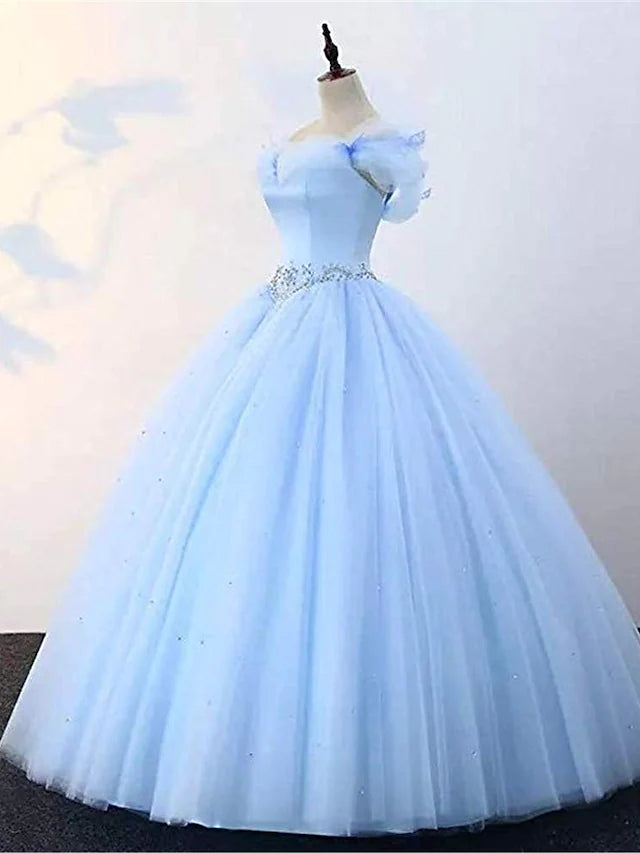 Ball Gown Prom Dresses Princess Dress Graduation Floor Length Sleeveless Off Shoulder Tulle with Pearls Beading