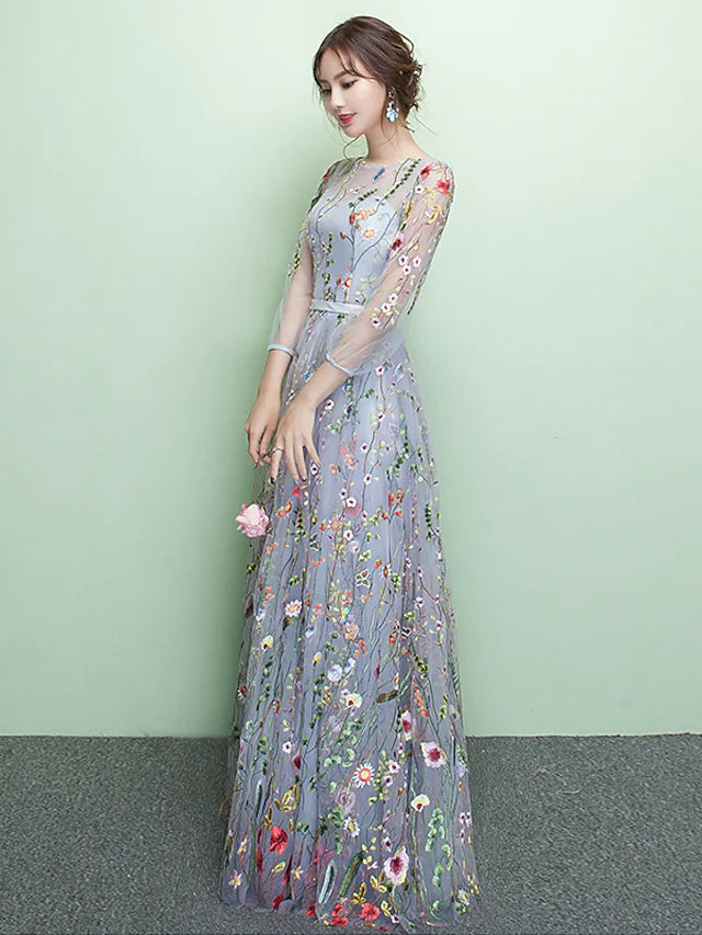 A-Line Elegant Sparkle & Shine Formal Evening Dress Jewel Neck 3/4 Length Sleeve Floor Length Lace