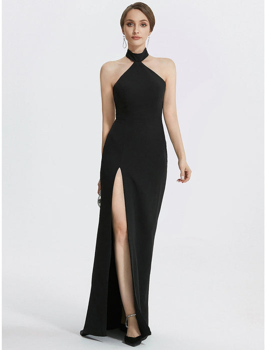 Sheath / Column Evening Gown Black Dress Dress Wedding Guest Prom Floor Length Sleeveless Halter Neck Stretch Fabric