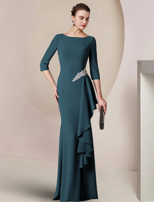 Sheath / Column Mother of the Bride Dress Wedding Guest Party Elegant Scoop Neck Floor Length Stretch Fabric 3/4 Length Sleeve with Crystal