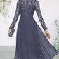 A-Line Mother of the Bride Dress Elegant High Neck Tea Length Chiffon Lace Long Sleeve with Appliques