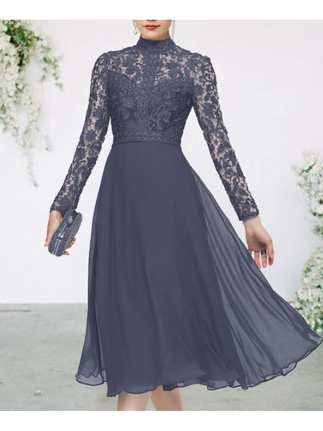 A-Line Mother of the Bride Dress Elegant High Neck Tea Length Chiffon Lace Long Sleeve with Appliques