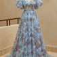 A Line Sweetheart Ruffles Sweep Train Floral Printed Chiffon Prom Dresses Beautiful