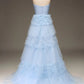 Tulle Tiered Prom Dress with Slit Off Shoulder Pure Color