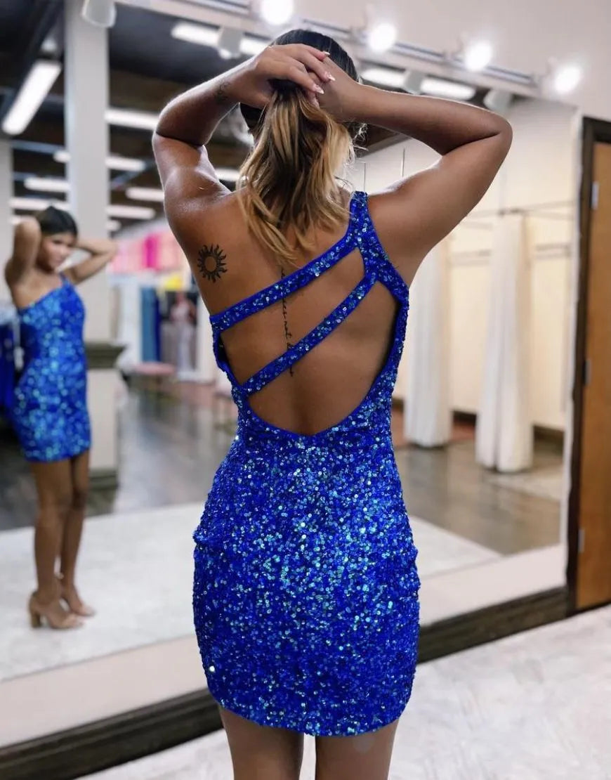 One Shoulder Glitter Sequin Homecoming Dress Sparkly Sexy