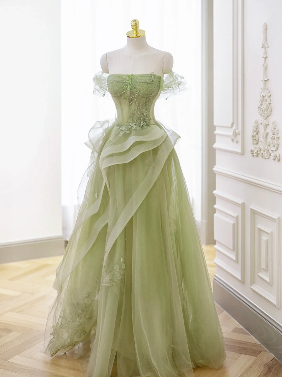 Green Tulle Long Floor Length Prom Dress Beautiful A-Line Evening Party Dress with Lace Beautiful