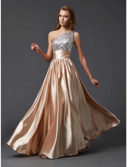 A-Line Prom Dresses Sparkle & Shine Dress Party Wear Floor Length Sleeveless One Shoulder Charmeuse with Pleats