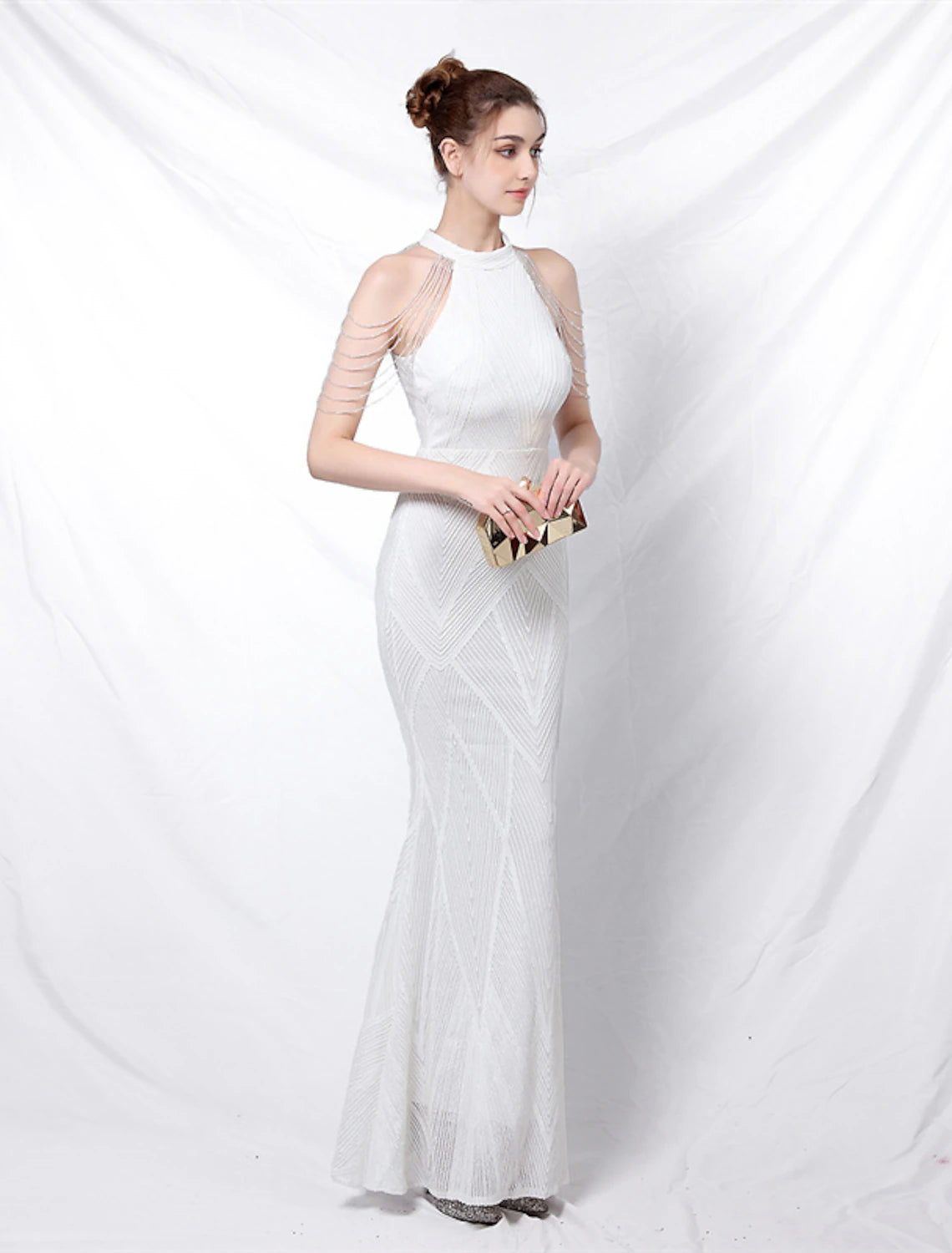 Mermaid / Trumpet Evening Gown Sparkle & Shine Dress Formal Floor Length Short Sleeve High Neck Sequined Backless with Crystals