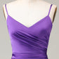 Spaghetti Straps V-neck Sheath Satin Bridesmaid Dress with Slit Pure Color