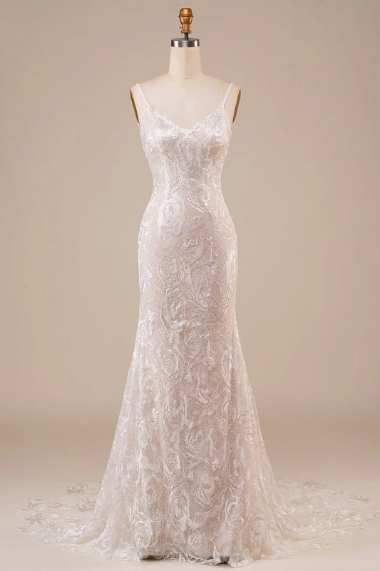 Backless Lace Wedding Dress with Sweep Train V-neck