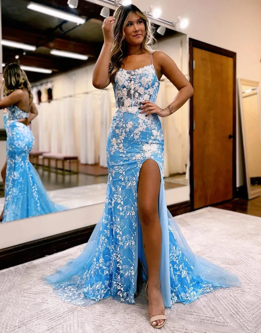 Mermaid Back Prom Dress With Appliques Long With Flowers