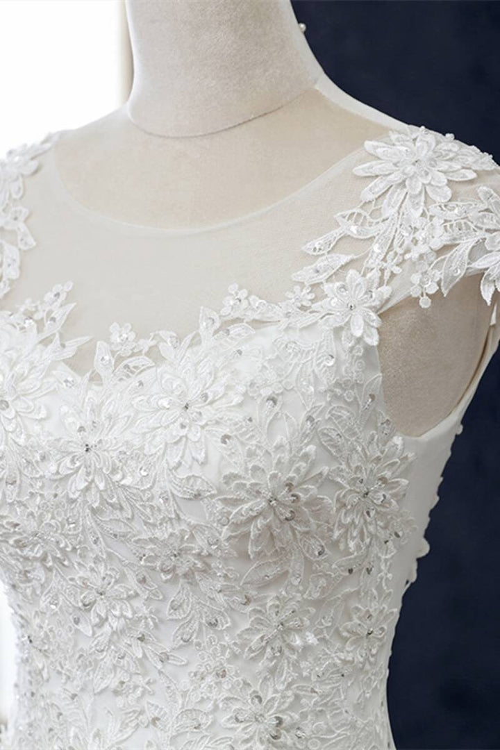 White Lace Beaded Cap Sleeve Trumpet Wedding Dress Beautiful