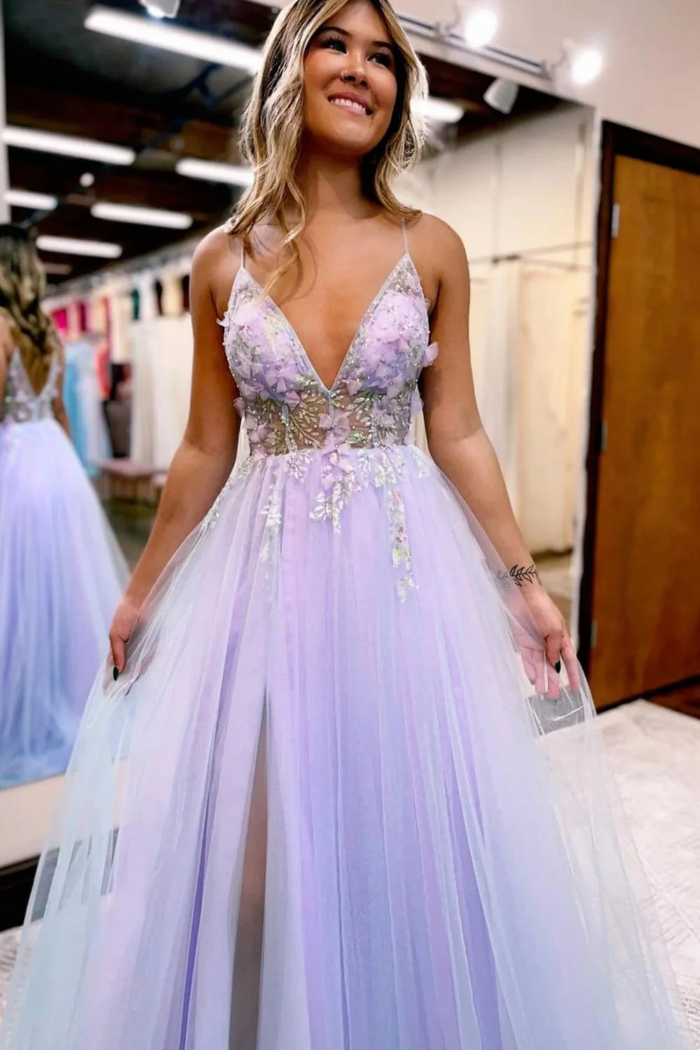 A-Line Tulle Prom Dress with Flowers Long