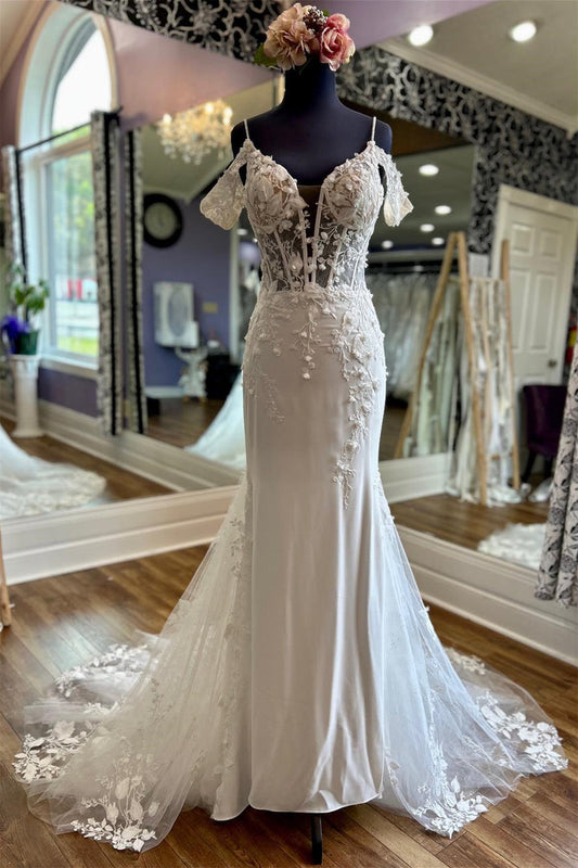 Ivory Off-the-Shoulder Appliques Straps Sweeping Long Wedding Dress Sexy