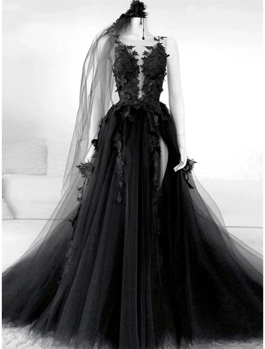 A-Line Evening Gown Elegant Dress Formal Court Train Black Dress Sleeveless Illusion Neck Tulle with Pleats Slit