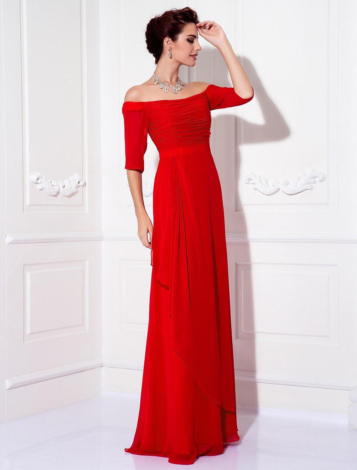 Sheath / Column Minimalist Dress Wedding Guest Sweep / Brush Train Half Sleeve Off Shoulder Chiffon