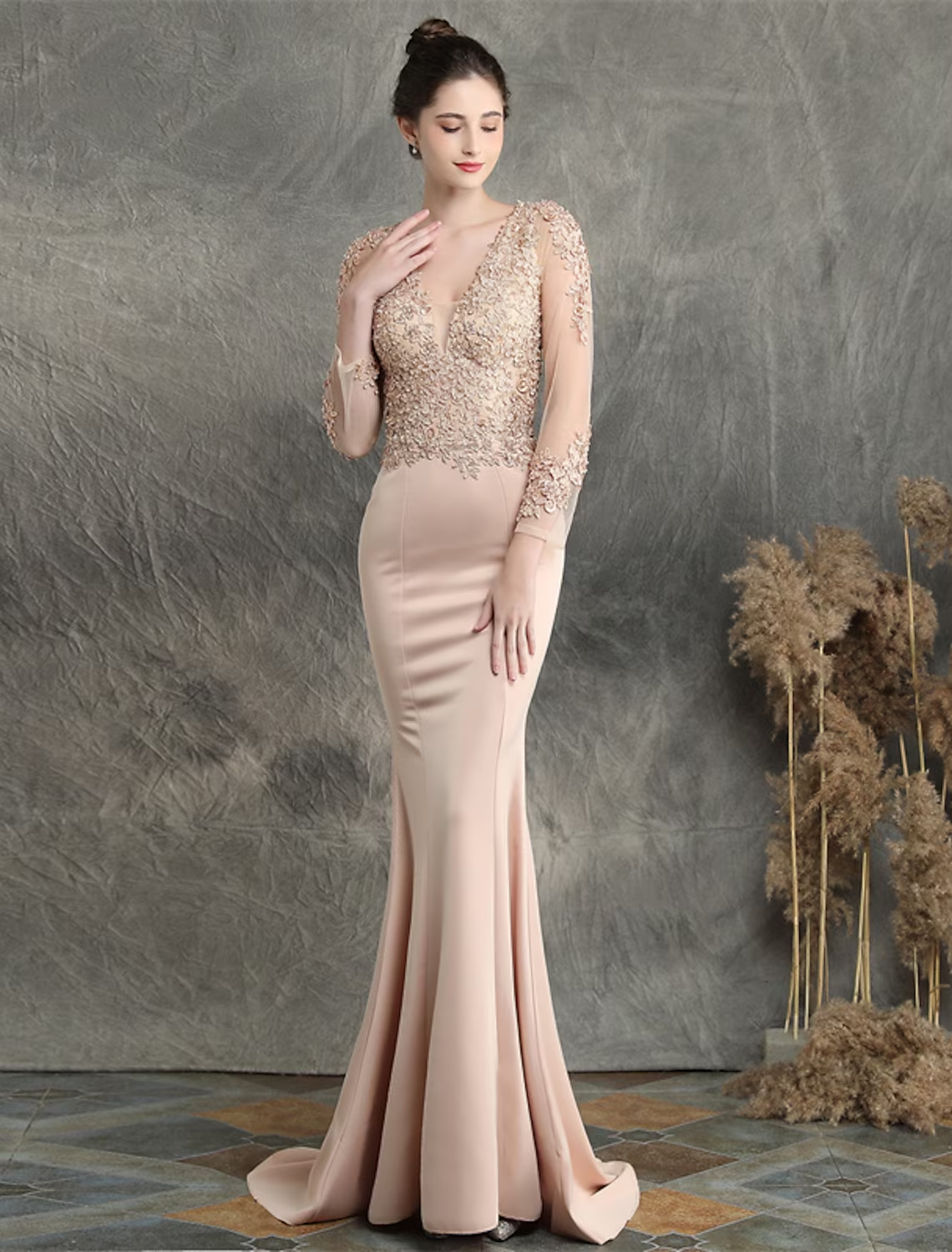 Mermaid / Trumpet Prom Dresses Elegant Dress Formal Sweep / Brush Train Long Sleeve V Neck Cotton Blend with Beading
