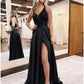 A-Line Evening Gown Empire Dress Formal Prom Floor Length Sleeveless V Neck Pocket Satin Backless