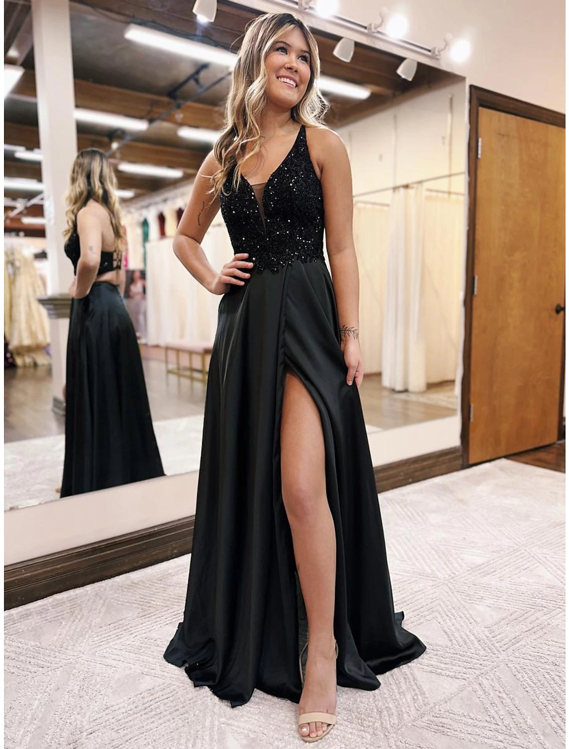 A-Line Evening Gown Empire Dress Formal Prom Floor Length Sleeveless V Neck Pocket Satin Backless