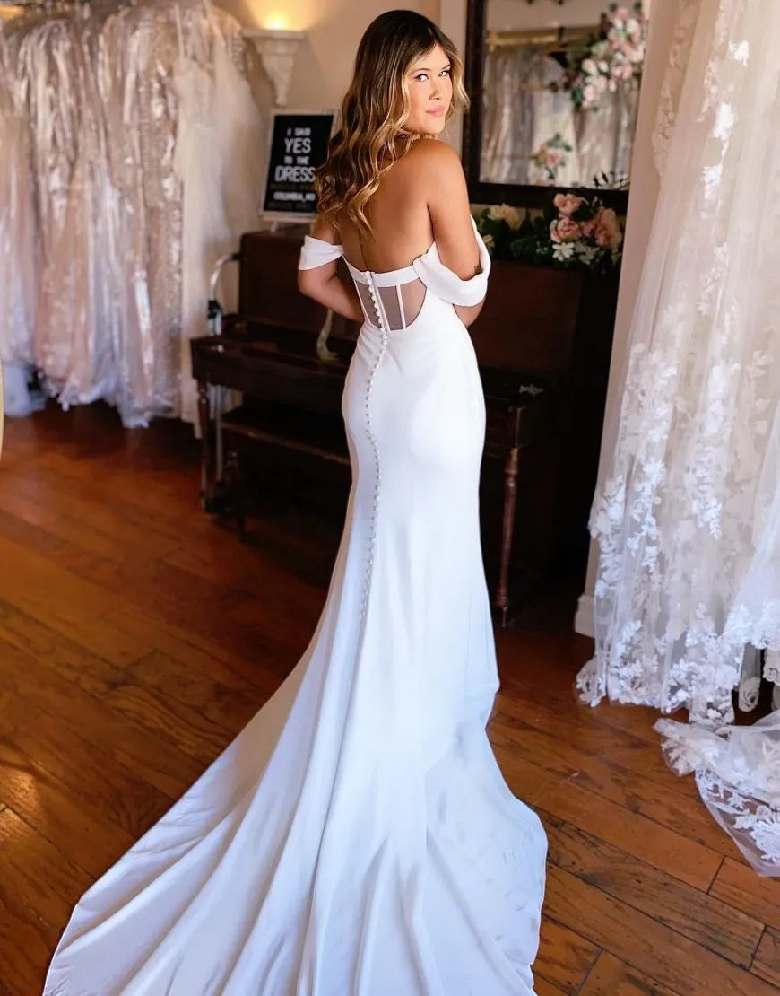 Mermaid Off The Shoulder Satin Wedding Dress Sexy Long Pure Color