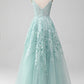 A-Line Tulle Long Prom Dress with Lace Pure Color Beautiful