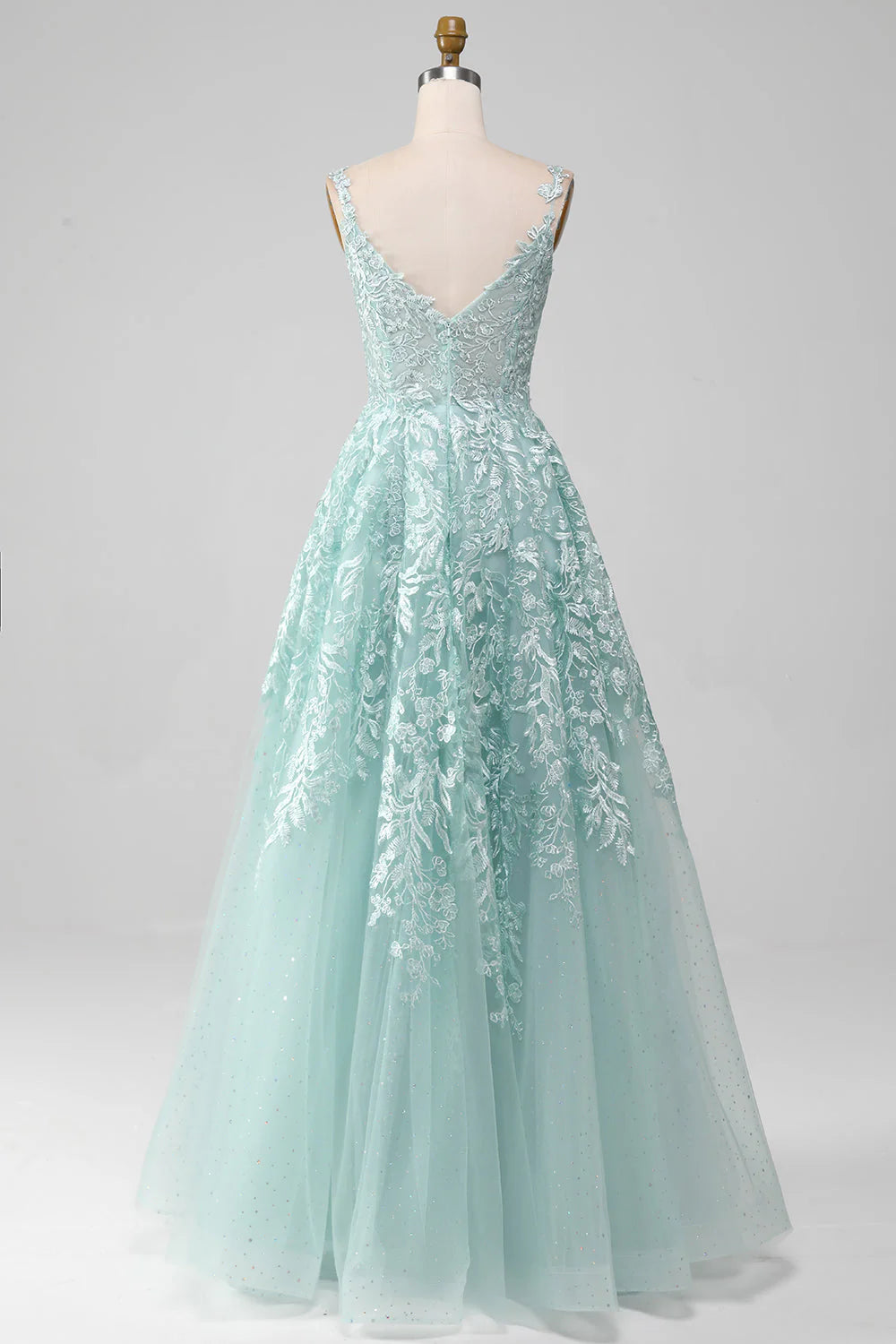 A-Line Tulle Long Prom Dress with Lace Pure Color Beautiful