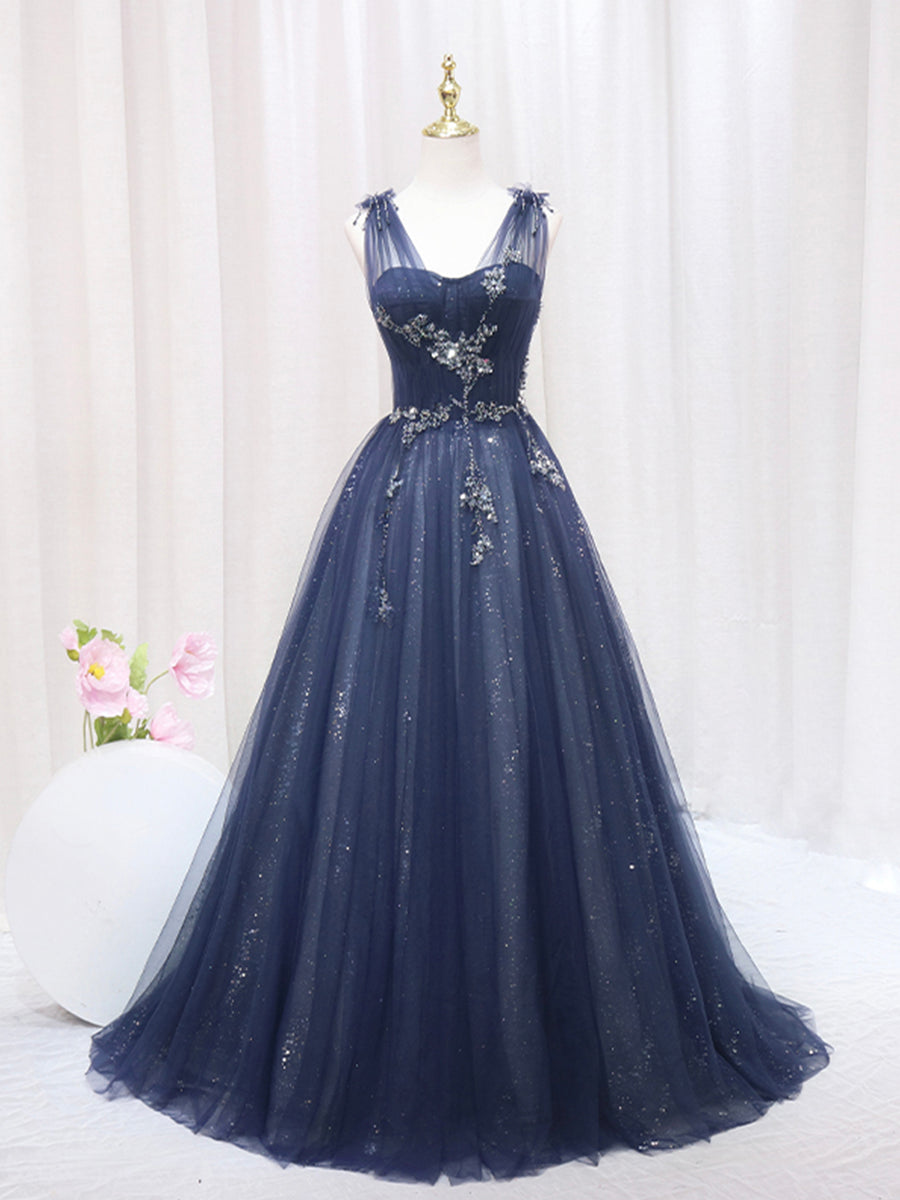 Blue Tulle Beaded Long Prom Dress Evening Party Dress Sparkly