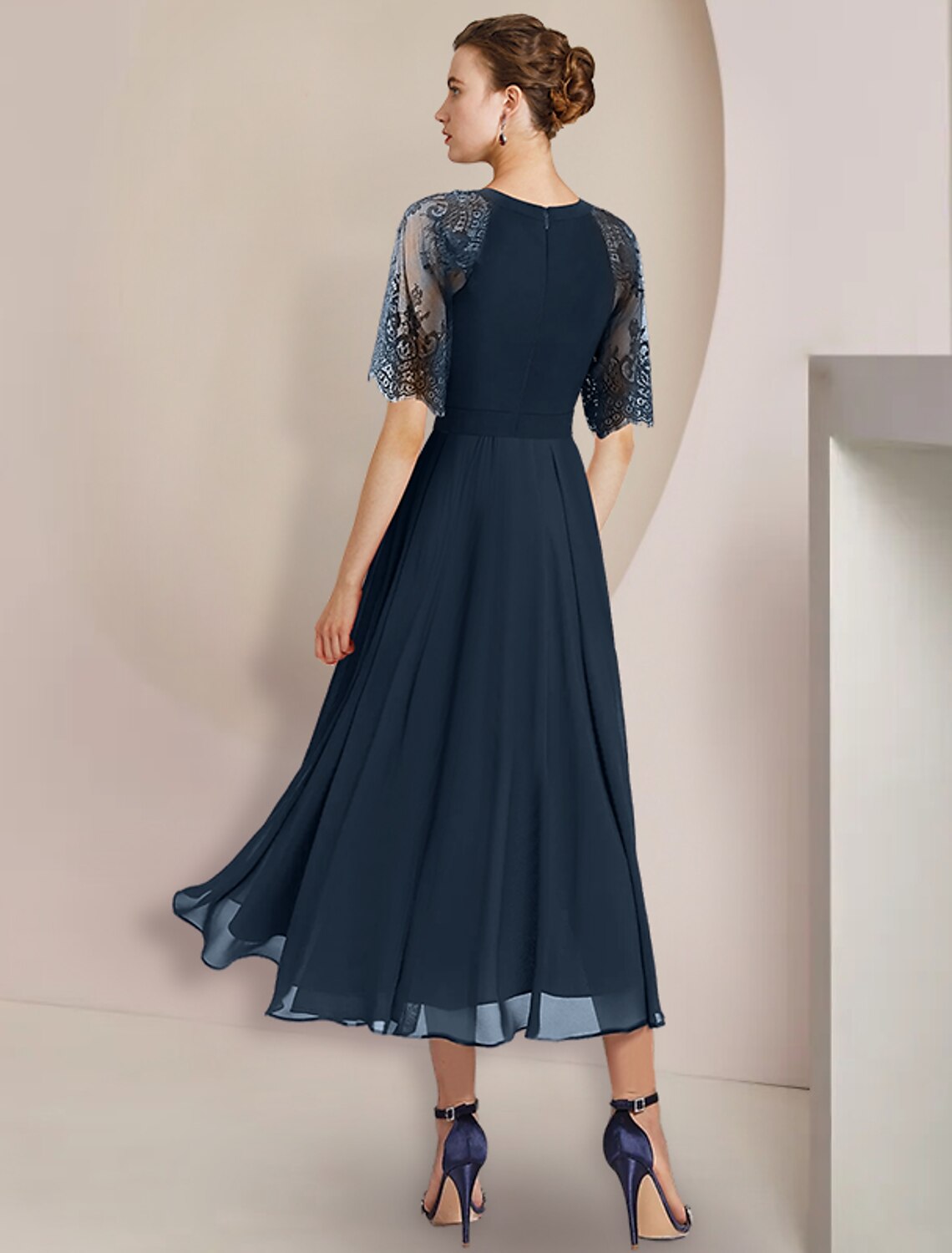 A-Line Mother of the Bride Dress Formal Wedding Guest Party Elegant High Low Scoop Neck Tea Length Chiffon Lace 3/4 Length Sleeve with Pleats