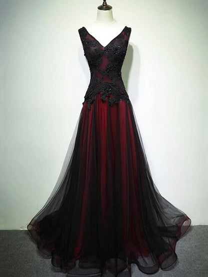 Black and Red V-Neck Lace Long Prom Dress Beautiful A-Line Evening Party Dress Sexy