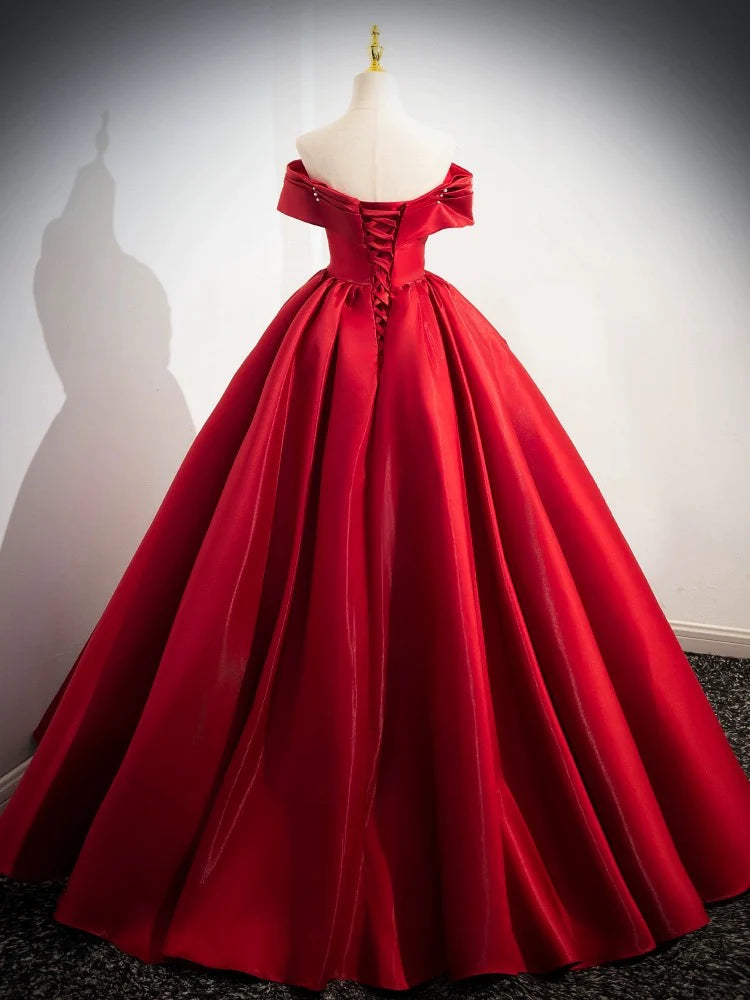 A-Line Off Shoulder Satin Long Prom Dress Red