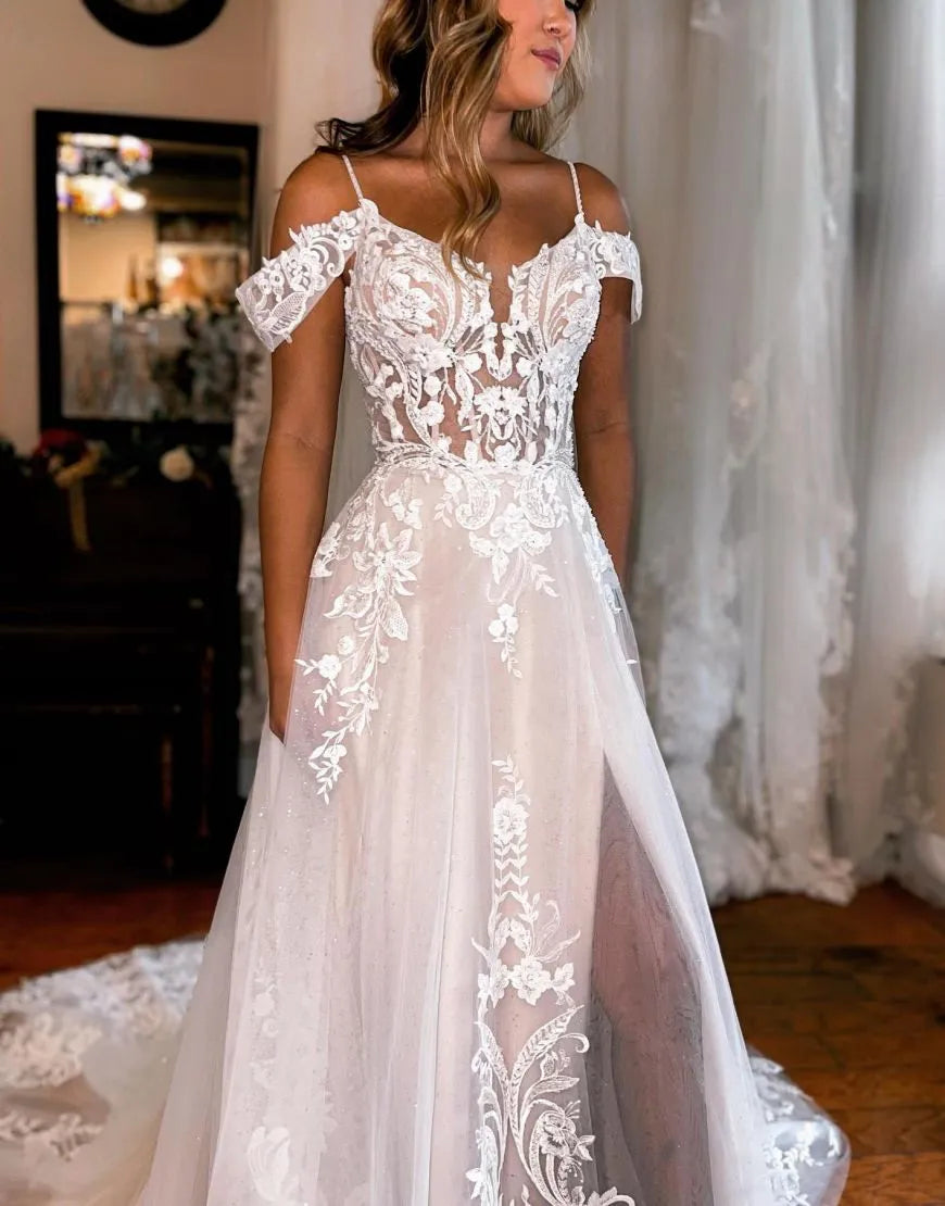 A Line Off The Wedding Dress With Appliques And Split Long Sexy