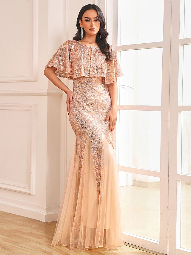Two Piece Mermaid / Trumpet Party Dresses Sparkle & Shine Dress Prom Floor Length Sleeveless V Neck Capes Tulle V Back with Sequin