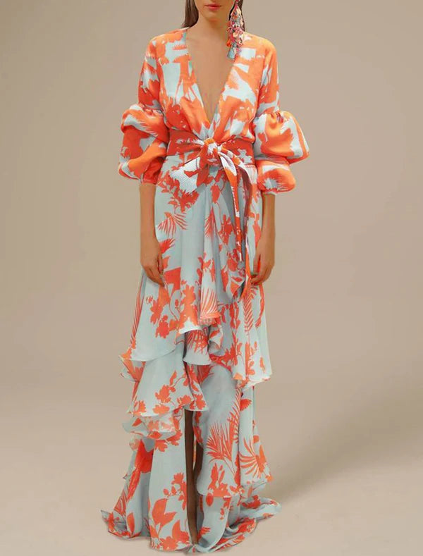 A-Line Party Dresses Floral Dress Wedding Guest Holiday Floor Length Long Sleeve V Neck Polyester with Print Strappy Sexy