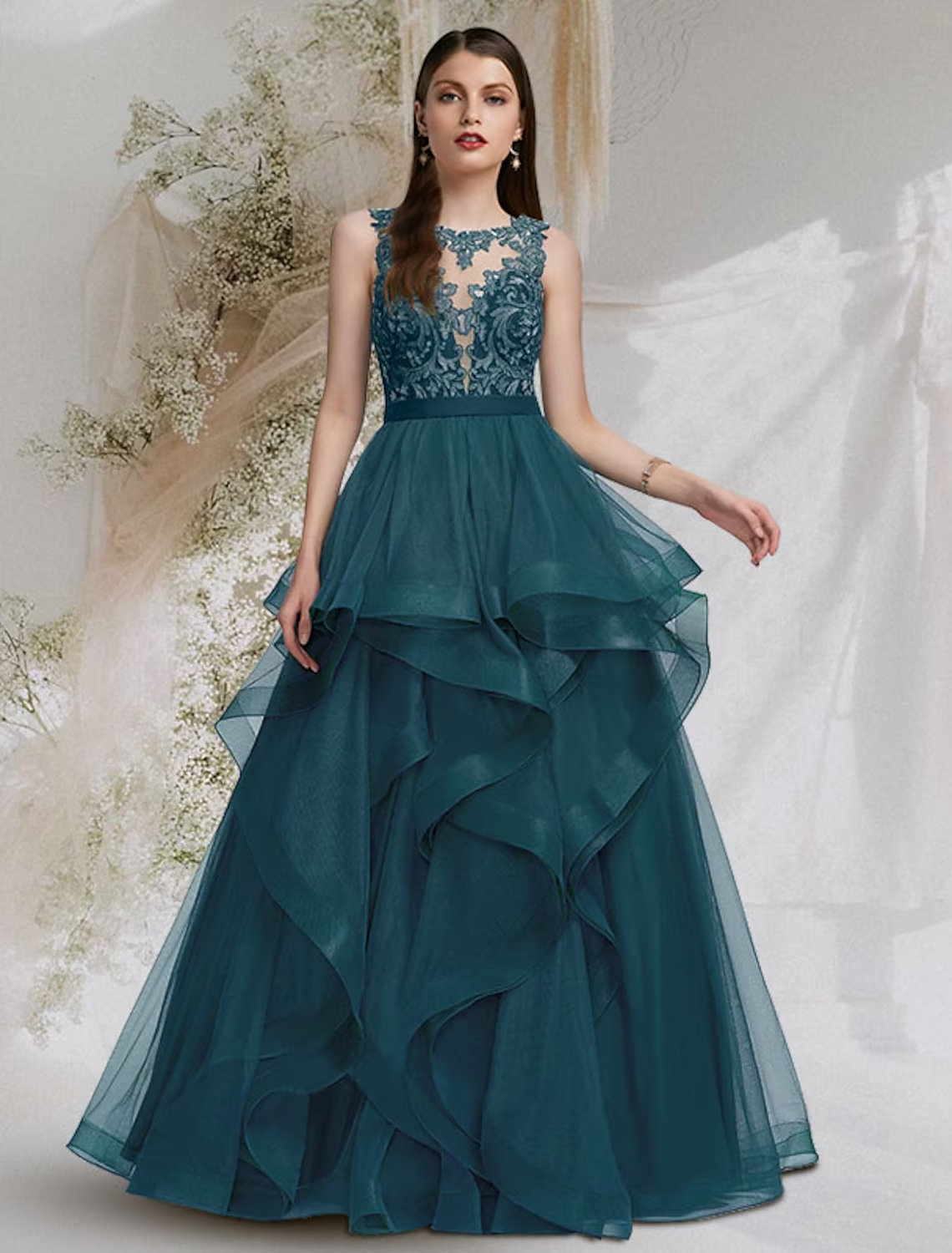 Ball Gown Cut Out Sexy Prom Formal Evening Dress Jewel Neck Sleeveless Floor Length Tulle with Lace