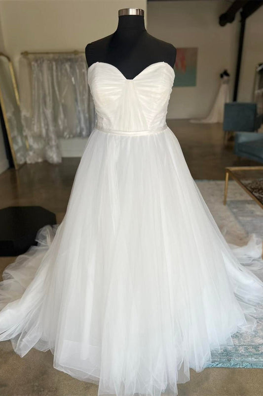 White Sweetheart A-Line Tulle Long Wedding Dress Off Shoulder